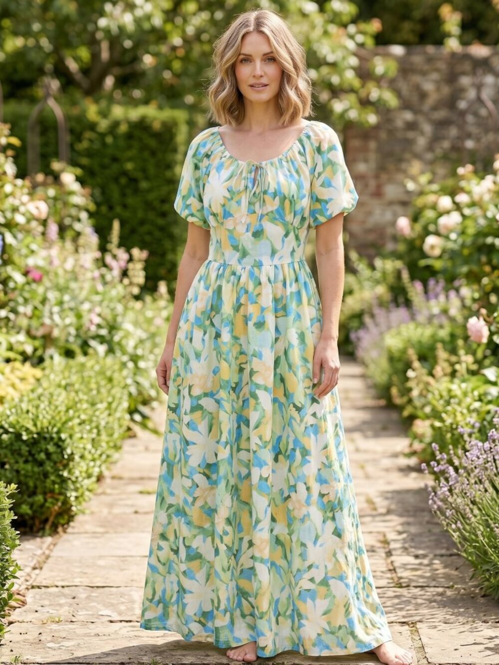 NWT | Fensace | Blue & Yellow Floral Puff Sleeve Maxi Dress | Medium